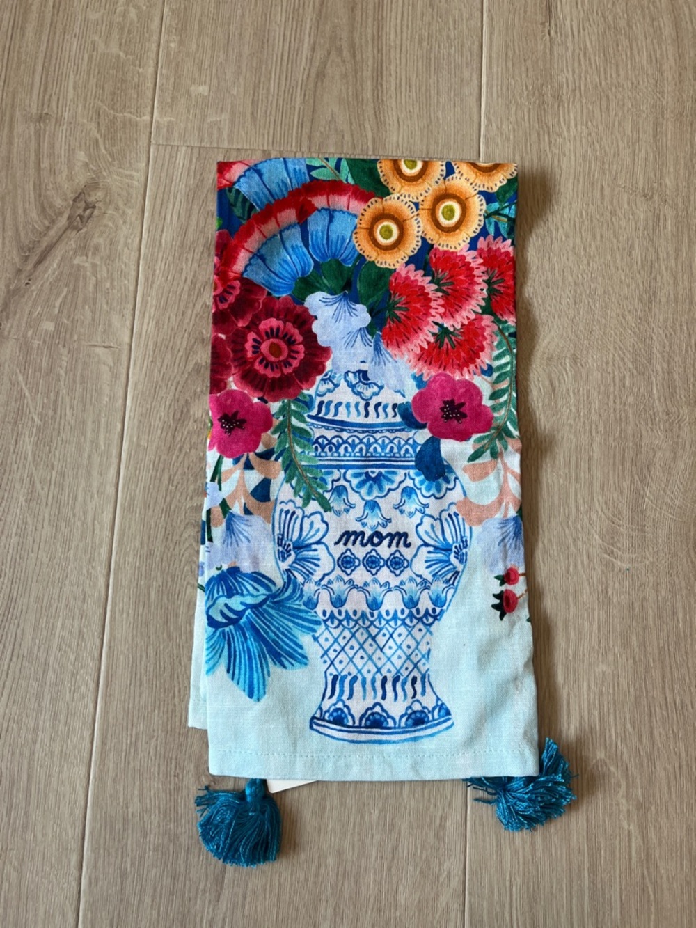 Anthropologie Blue Floral Vase Printed Towel with Tassels and “mom” embroidered